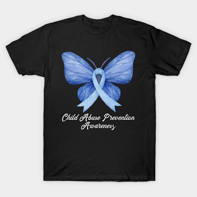 Child Abuse Prevention Awareness Month Blue Ribbon gift idea T-Shirt by Mad Maggie